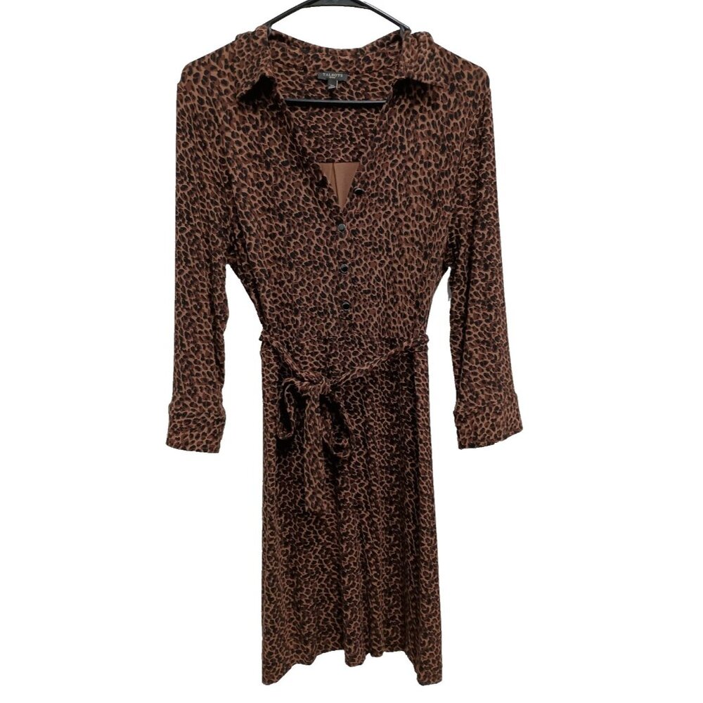 Talbots Shirt Dress Womens Size Large‎ Petite Brown Animal Print Workwear Office